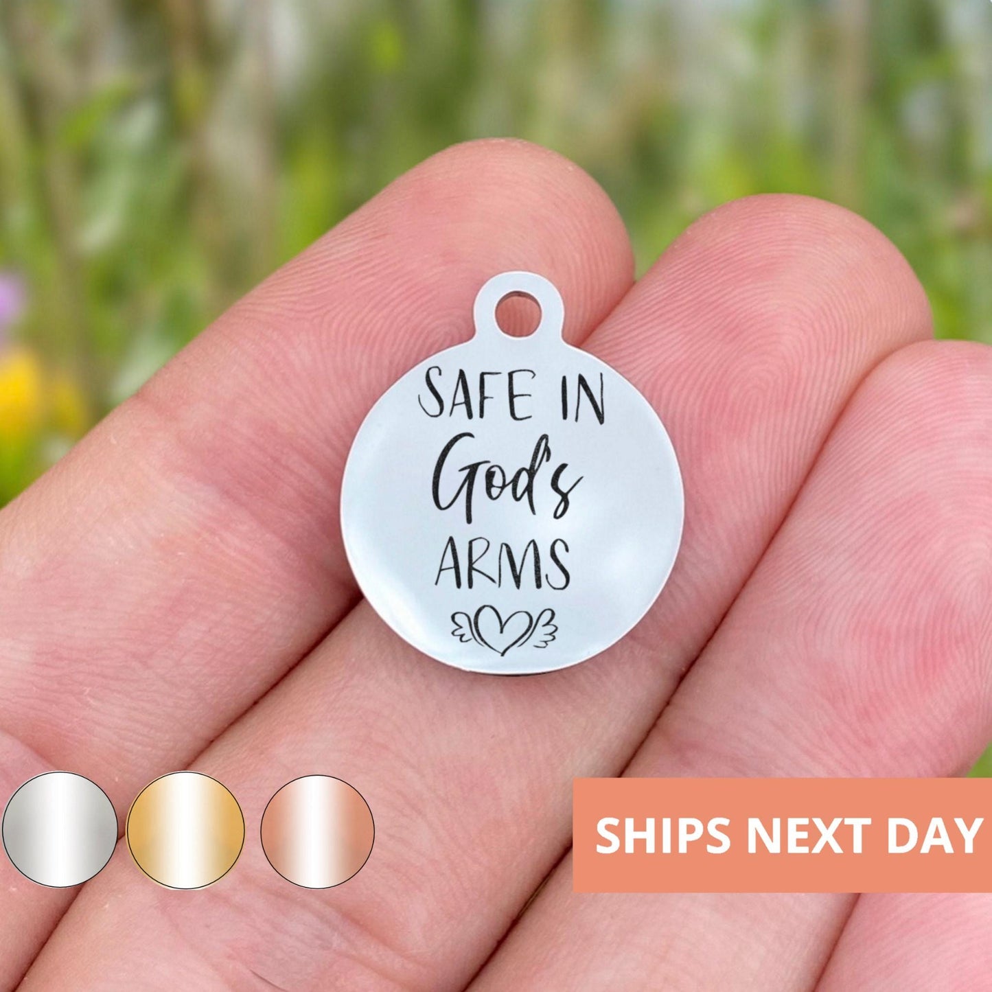 Safe In God's Arms Charms Custom Engraved Charms Personalized Stainless Steel Jewelry Memorial Charms BULK Options WK1281