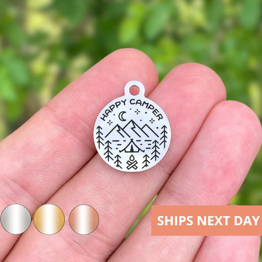 Happy Camper Charms Custom Engraved Charms Personalized Stainless Steel Jewelry Adventure Charms BULK Options WK1784