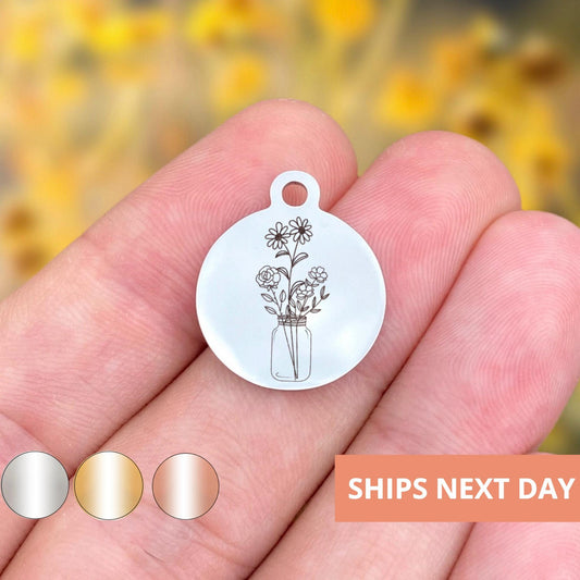 Jar Of Flowers Charms Custom Engraved Charms Personalized Stainless Steel Jewelry Wildflower Charms BULK Options WK1902