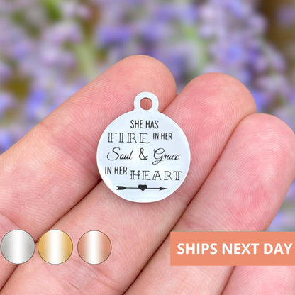 She Has Fire In Her Heart & Grace Charms Custom Engraved Charms Personalized Stainless Steel Jewelry Inspirational Charms BULK Options WK117