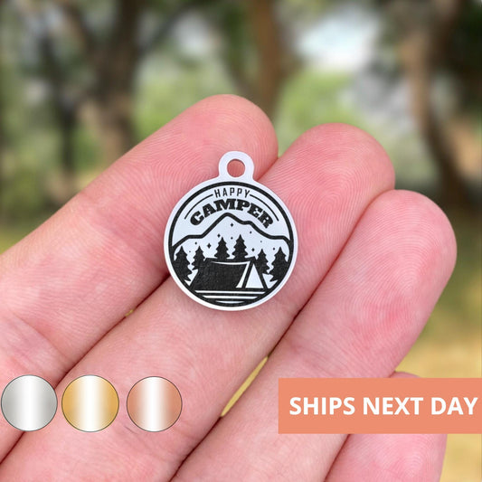 Happy Camper Charms Custom Engraved Charms Personalized Stainless Steel Jewelry Adventure Charms BULK Options WK1626
